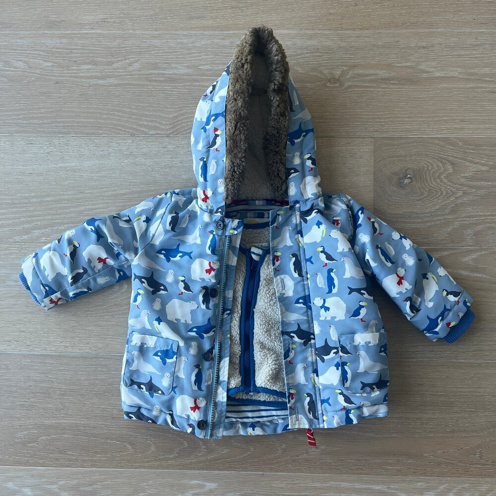 Baby Mini Boden 3-in-1 Padded Jacket Coat Blue Arctic Print 6-12 Months